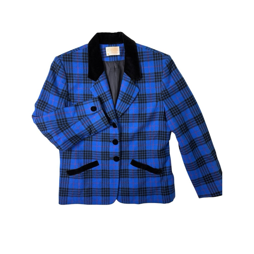 Pendleton Wool Jacket Blazer Plaid Blue Vtg 80s Velour Accent Size 14 40" Chest